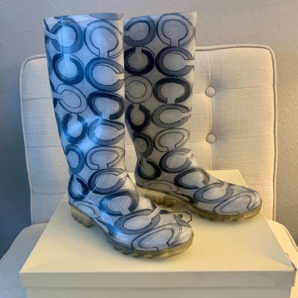 COACH AUTHENTIC WOMENS BLACK/WHITE/GRAY SIGNATURE C RAIN BOOTS SIZE 5 - Picture 2 of 2